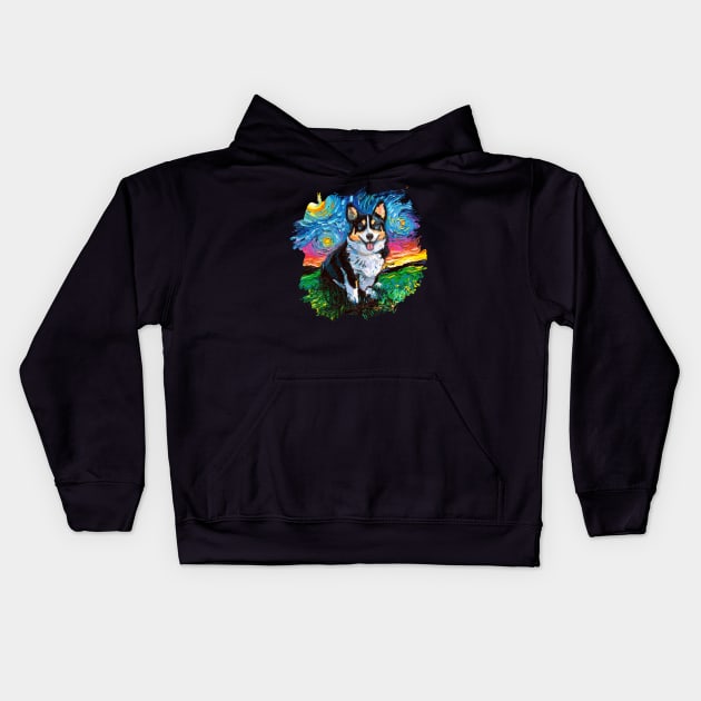 Tri Color Corgi Night with border Kids Hoodie by sagittariusgallery